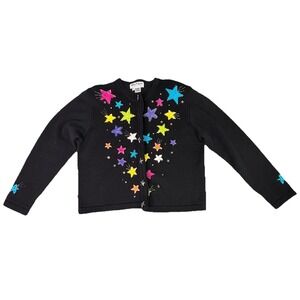Jack B Quick Black Size Large Cardigan Sweater Embroidered Star Christmas W FLAW